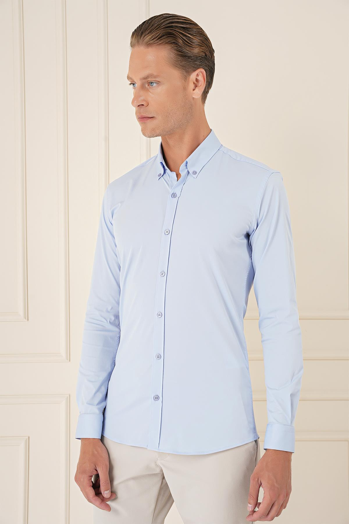 Slim Fit Düğmeli Yaka Esnek Pamuk Klasik Mavi Gömlek Gk 727
