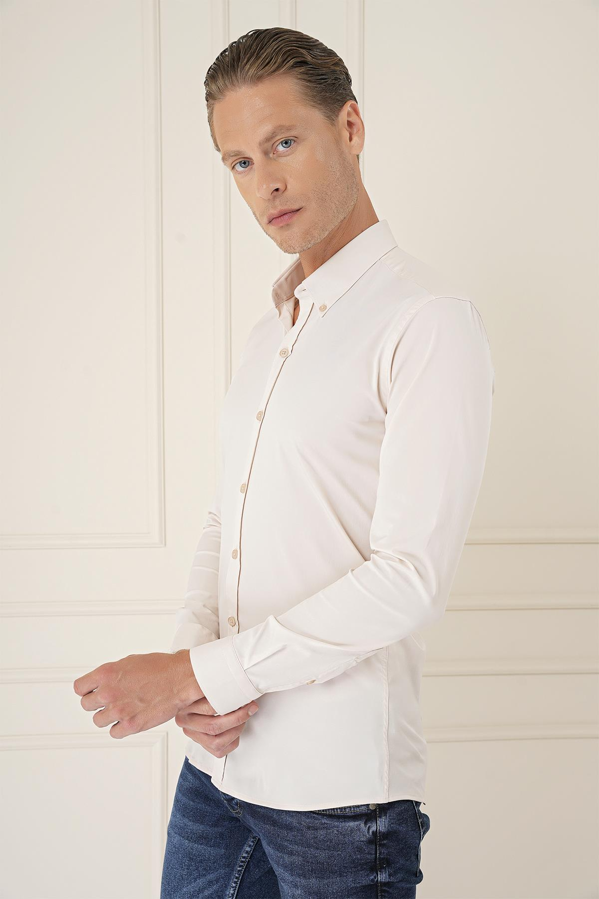 Slim Fit Düğmeli Yaka Esnek Pamuk Klasik Bej Gömlek Gk 727