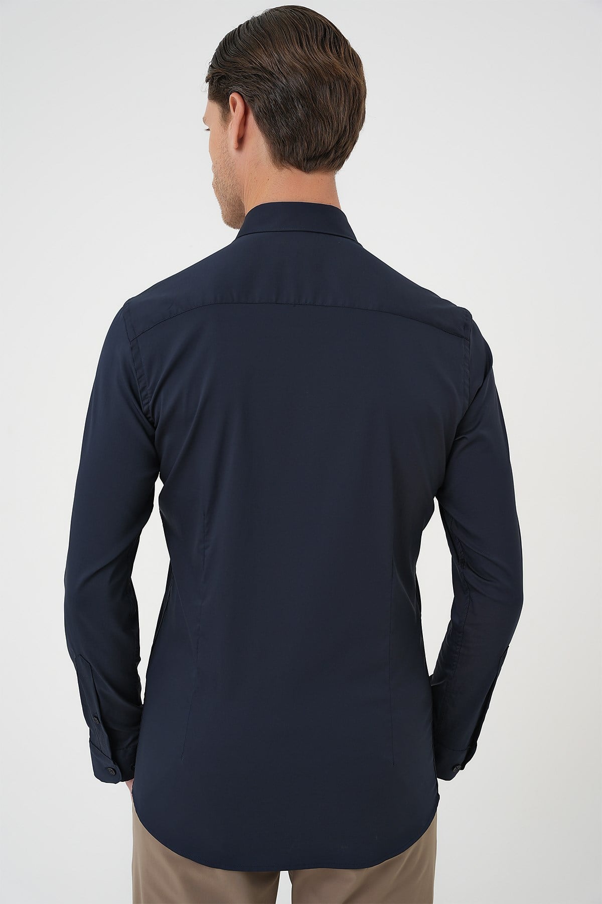 Slim Fit Düğmeli Yaka Esnek Pamuk Lacivert Gömlek Gk 727