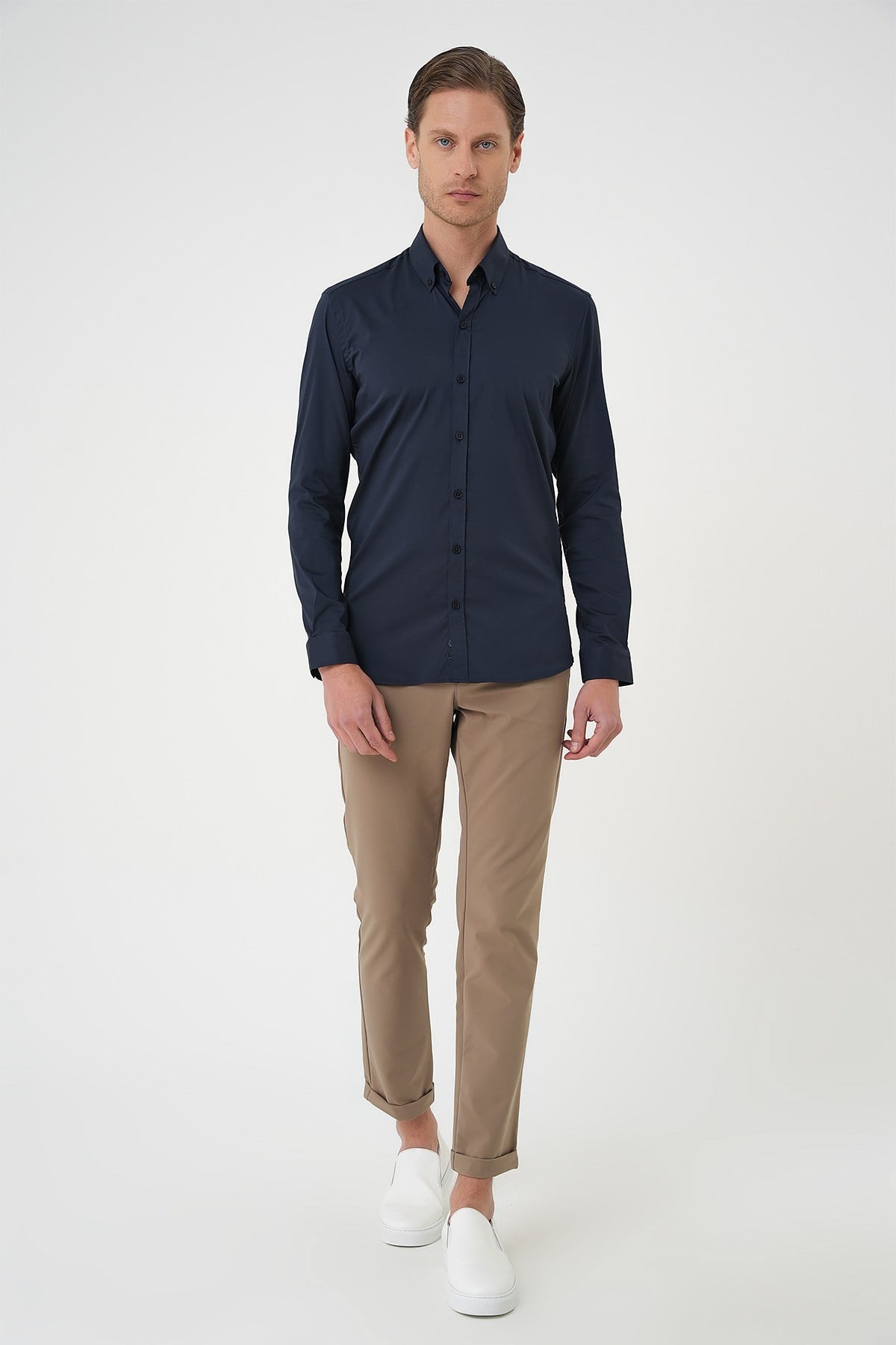 Slim Fit Düğmeli Yaka Esnek Pamuk Lacivert Gömlek Gk 727