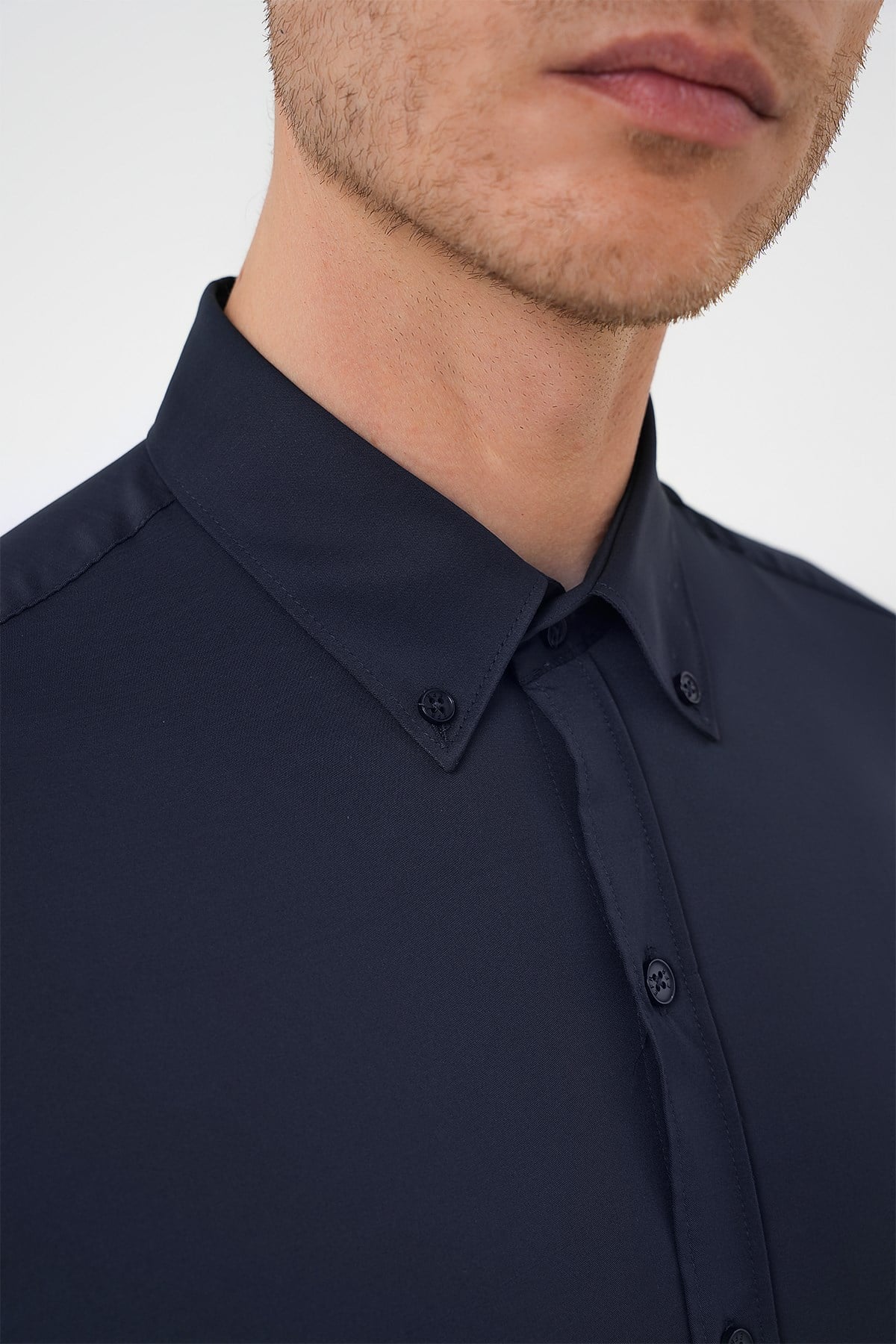 Slim Fit Düğmeli Yaka Esnek Pamuk Lacivert Gömlek Gk 727