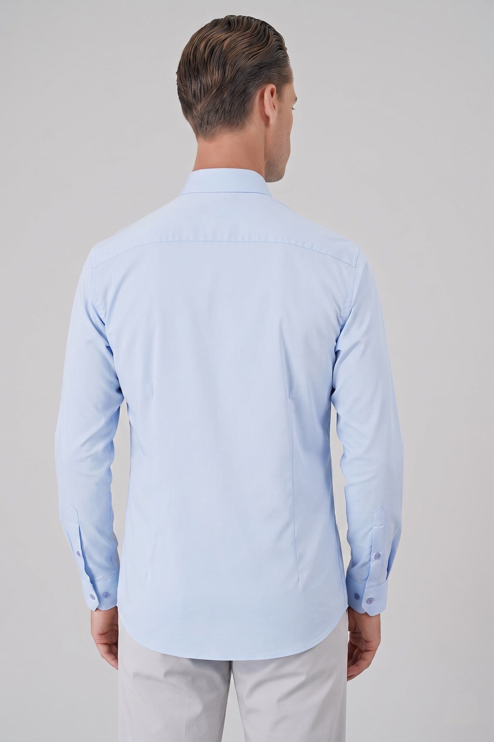 Slim Fit Düğmeli Yaka Esnek Pamuk Mavi Gömlek Gk 727