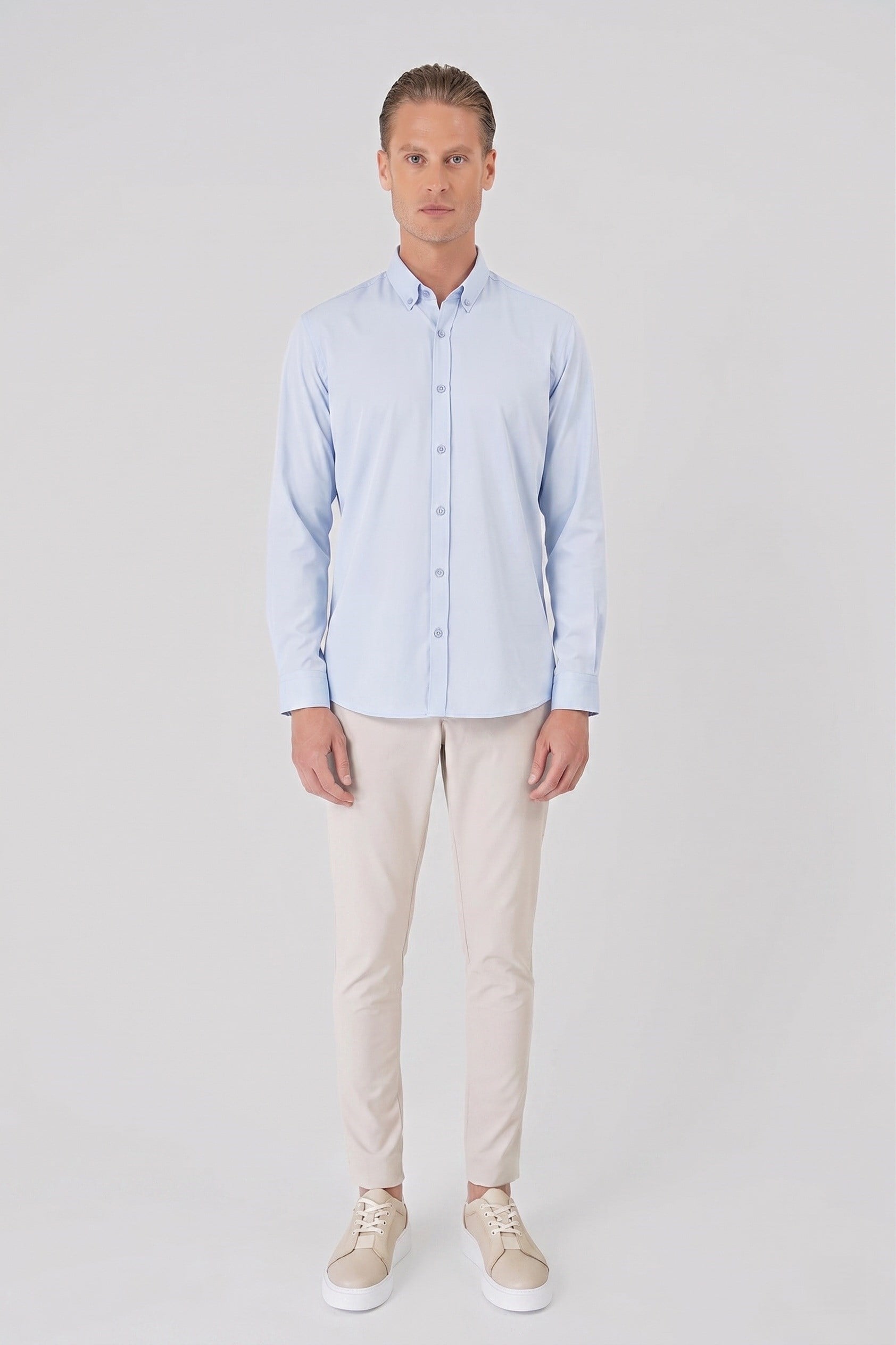 Slim Fit Düğmeli Yaka Esnek Pamuk Mavi Gömlek Gk 727