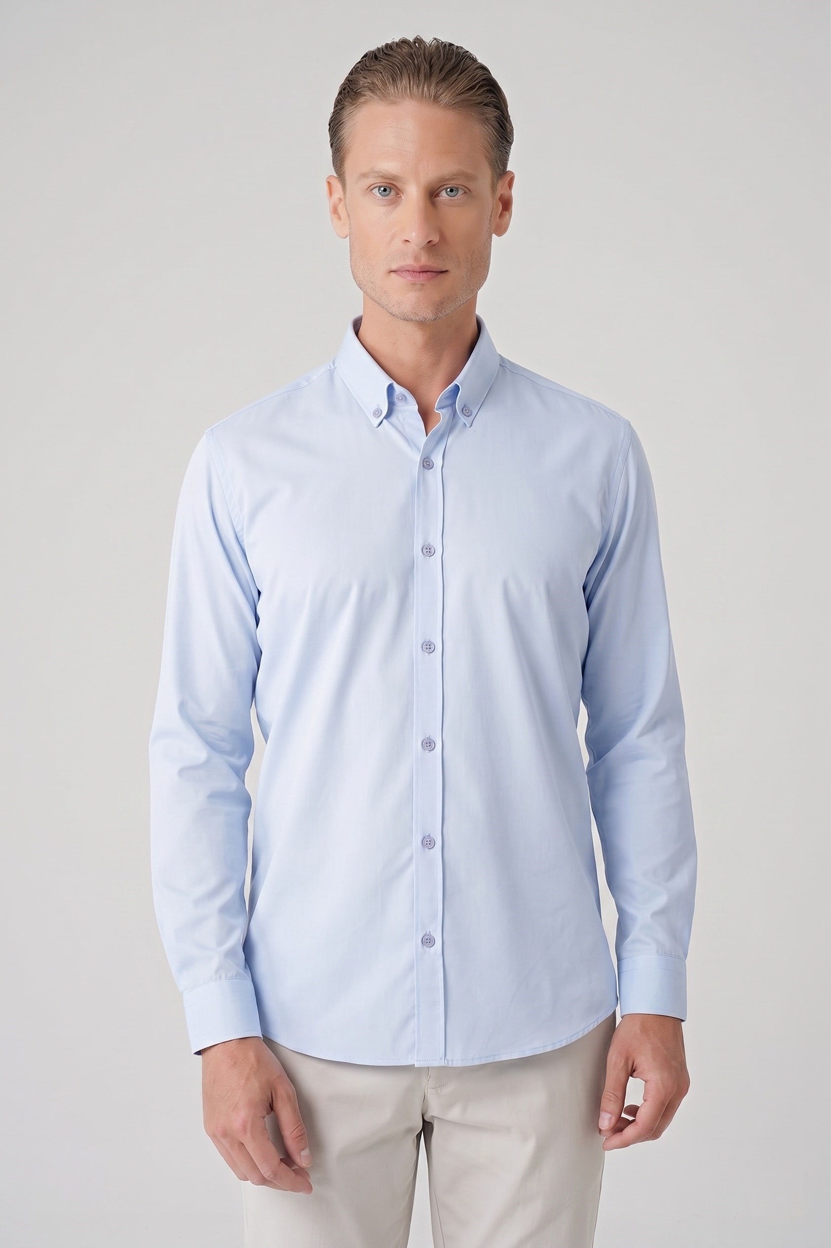 Slim Fit Düğmeli Yaka Esnek Pamuk Mavi Gömlek Gk 727