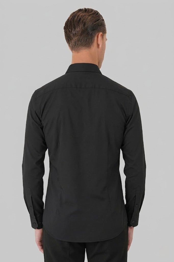 Slim Fit Düğmeli Yaka Esnek Pamuk Siyah Gömlek Gk 727