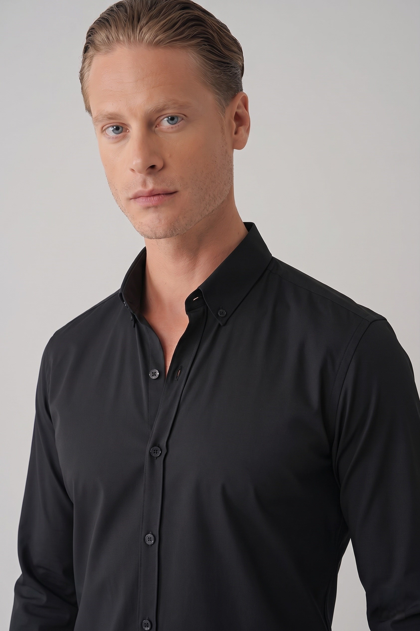 Slim Fit Düğmeli Yaka Esnek Pamuk Siyah Gömlek Gk 727