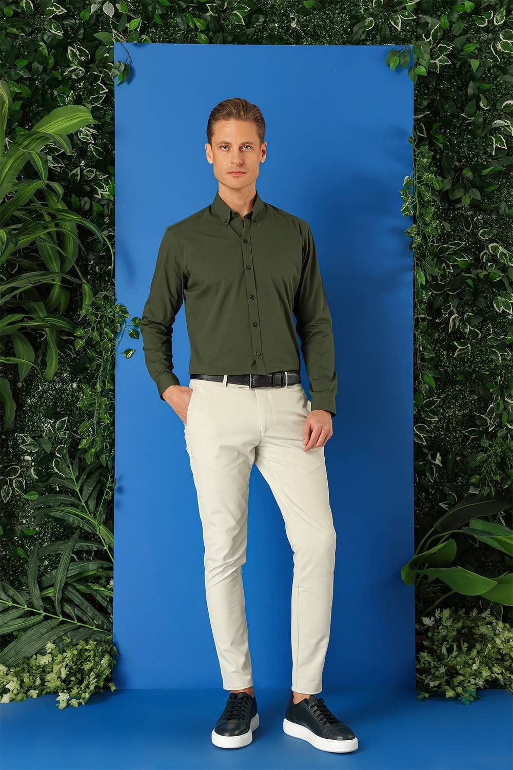 Slim Fit Düğmeli Yaka Esnek Pamuklu Haki Gömlek Gk 715