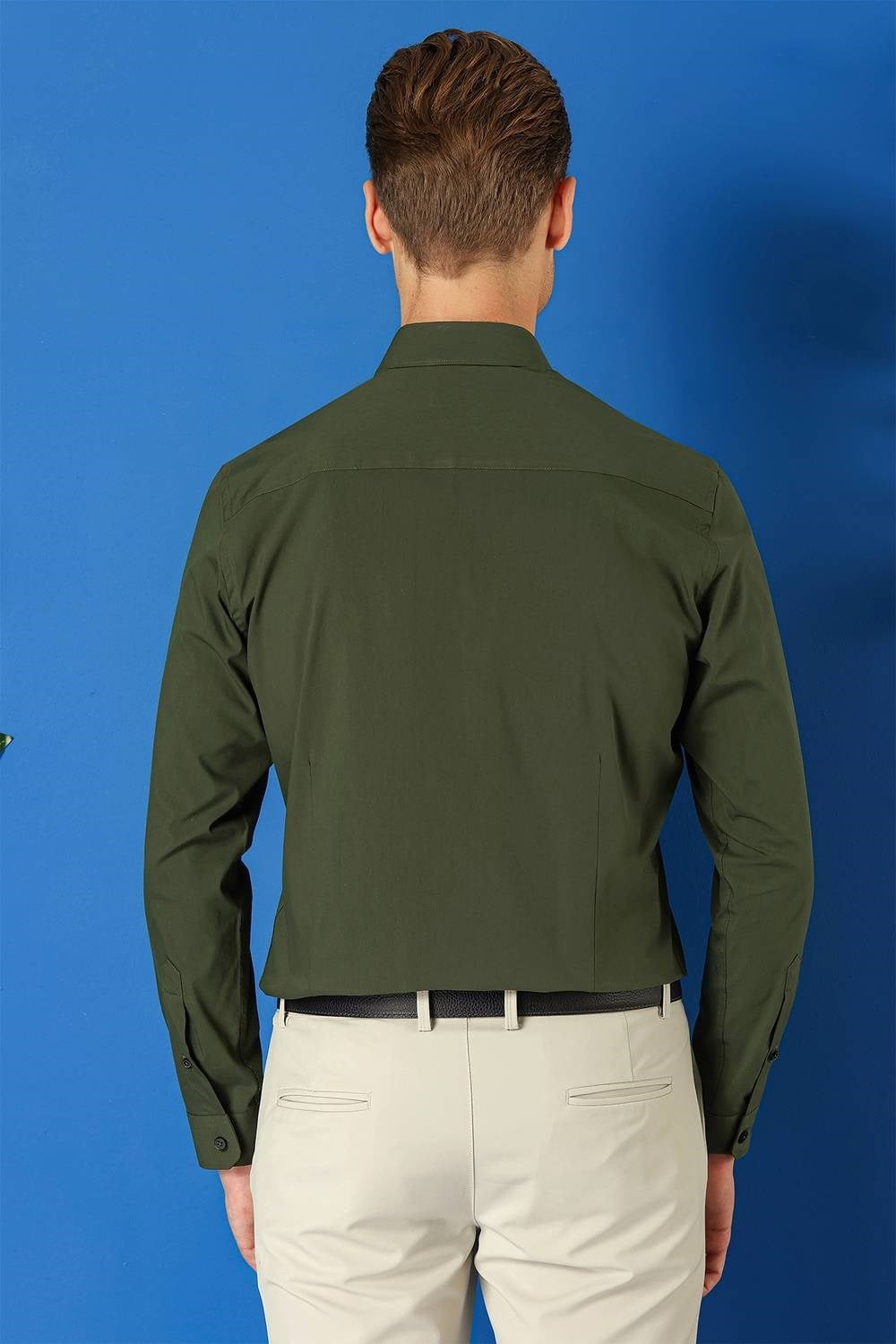 Slim Fit Düğmeli Yaka Esnek Pamuklu Haki Gömlek Gk 715