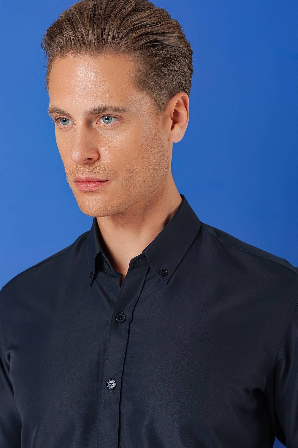 Slim Fit Düğmeli Yaka Esnek Pamuklu Lacivert Gömlek Gk 715