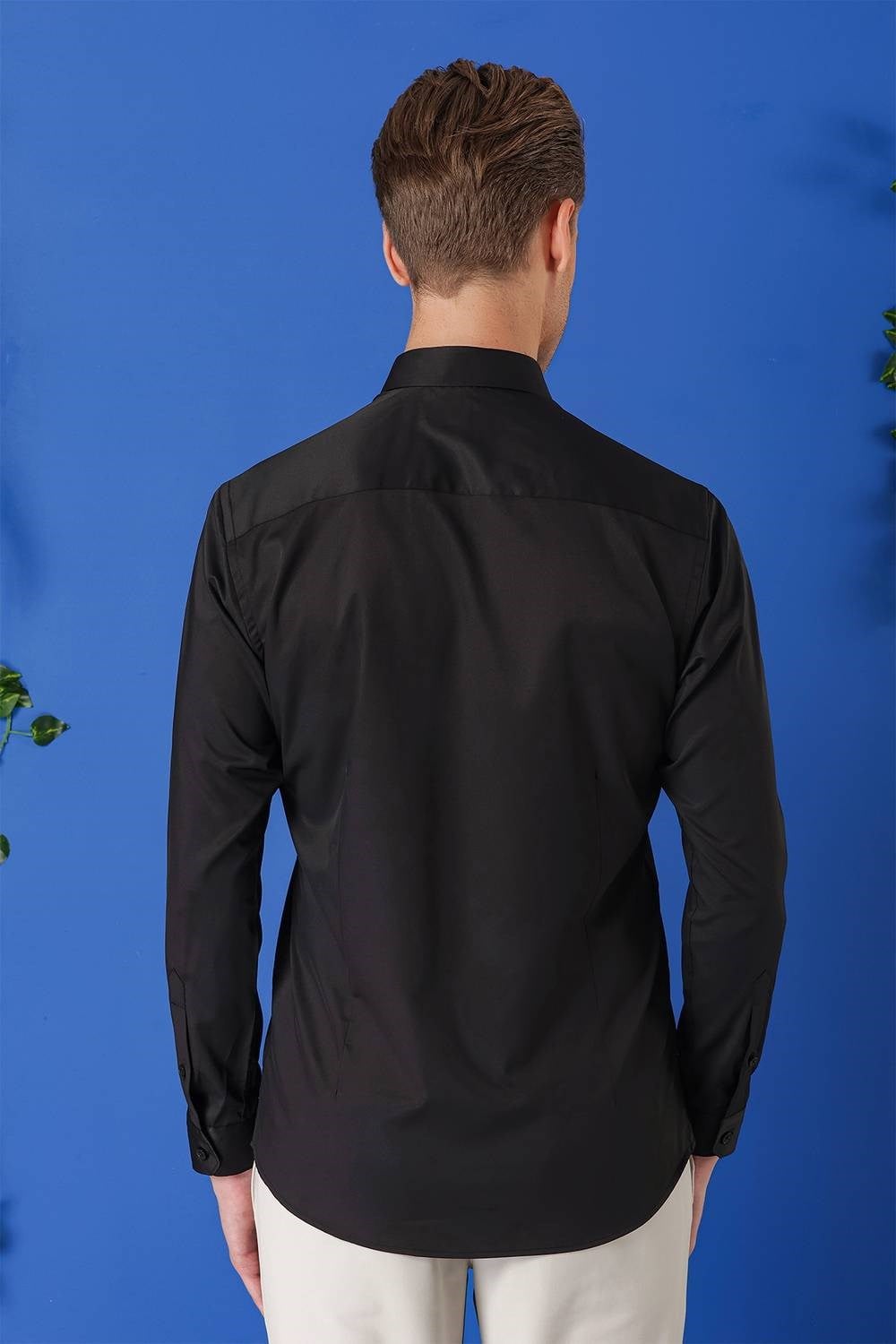 Slim Fit Düğmeli Yaka Esnek Pamuklu Siyah Gömlek Gk 714