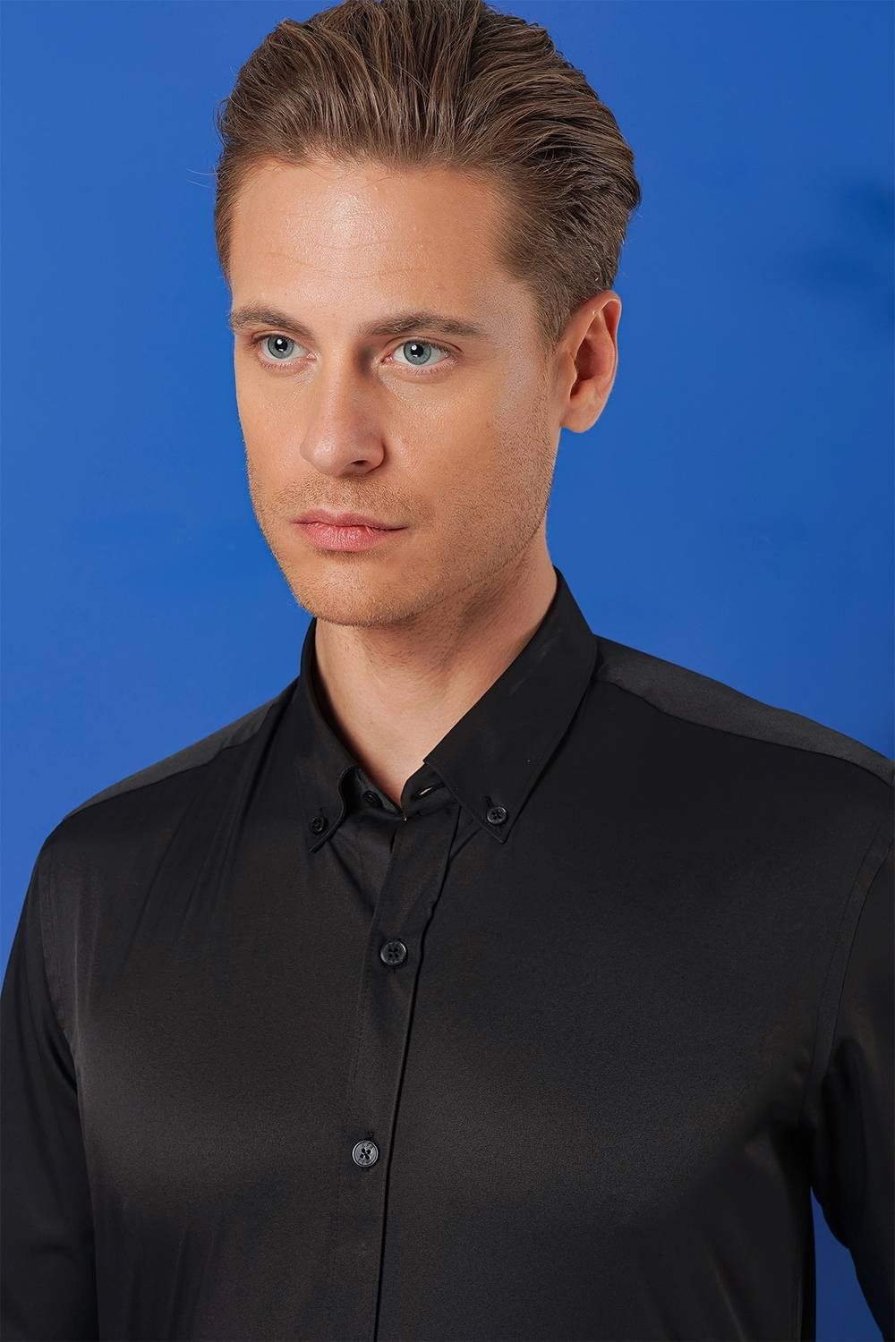 Slim Fit Düğmeli Yaka Esnek Pamuklu Siyah Gömlek Gk 714