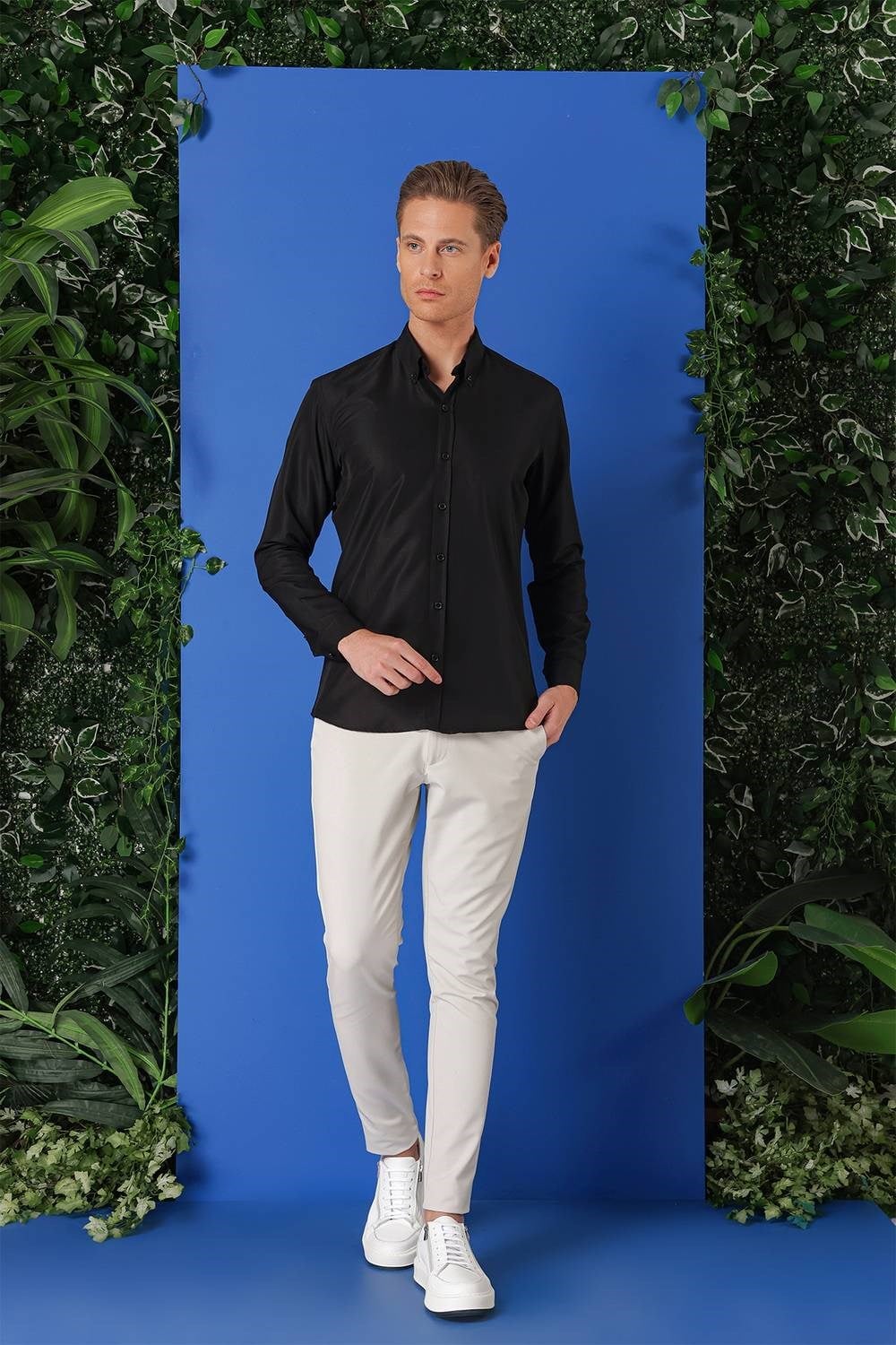 Slim Fit Düğmeli Yaka Esnek Pamuklu Siyah Gömlek Gk 715