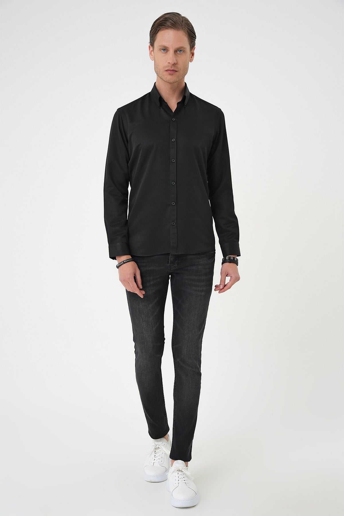 Slim Fit Düğmeli Yaka Pamuklu Siyah Gömlek Gk 736
