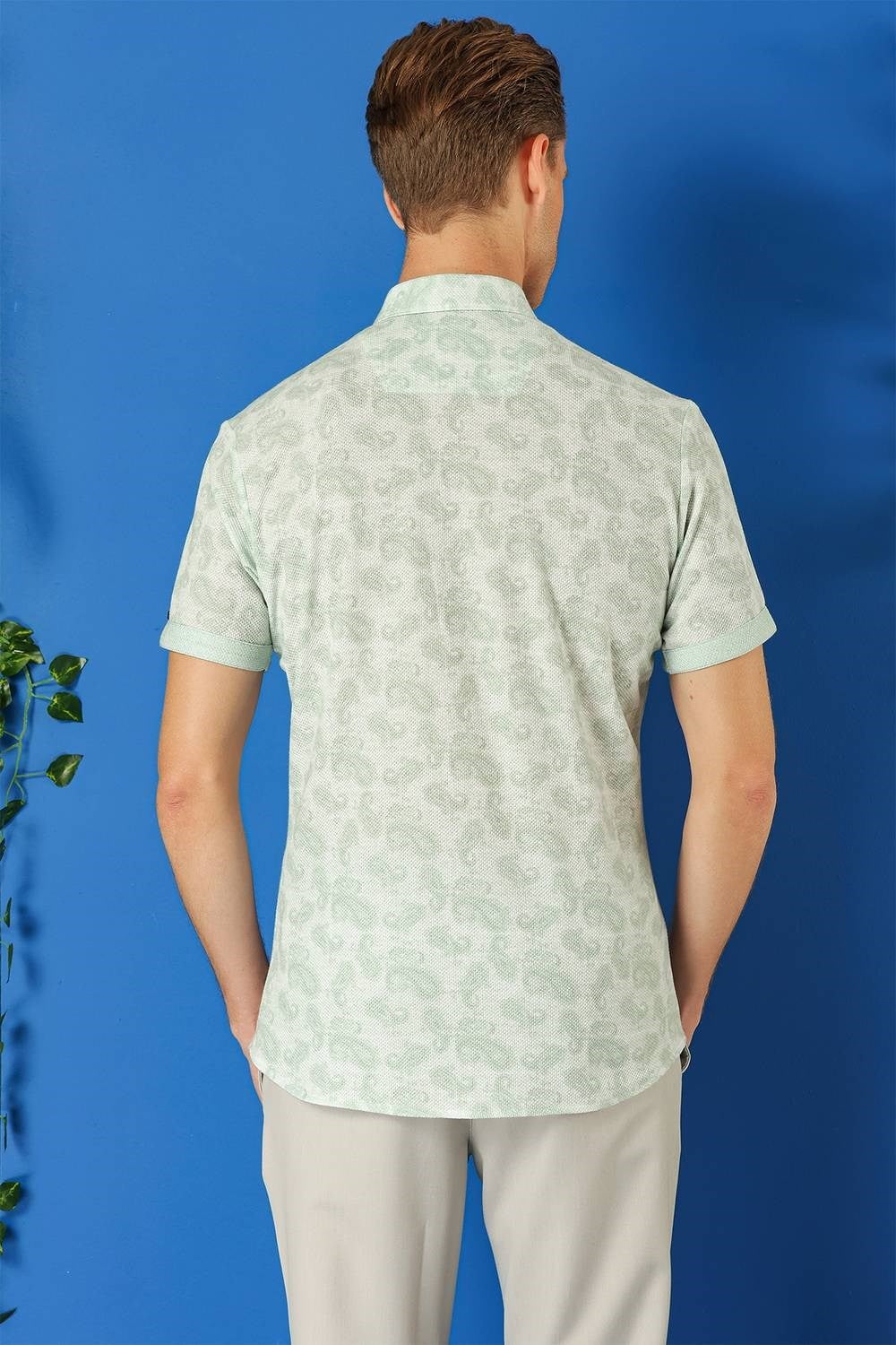 Slim Fit Düğmeli Yaka Şal Desenli Kısa Kollu Pamuk Nil Yeşili Gömlek G 1501