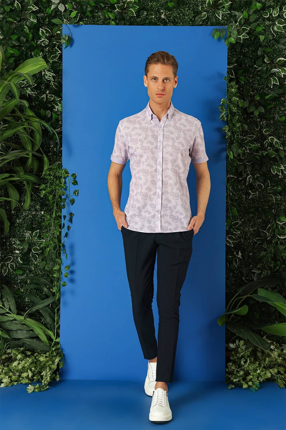 Slim Fit Düğmeli Yaka Şal Desenli Kısa Kollu Pamuk Lila Gömlek G 1501