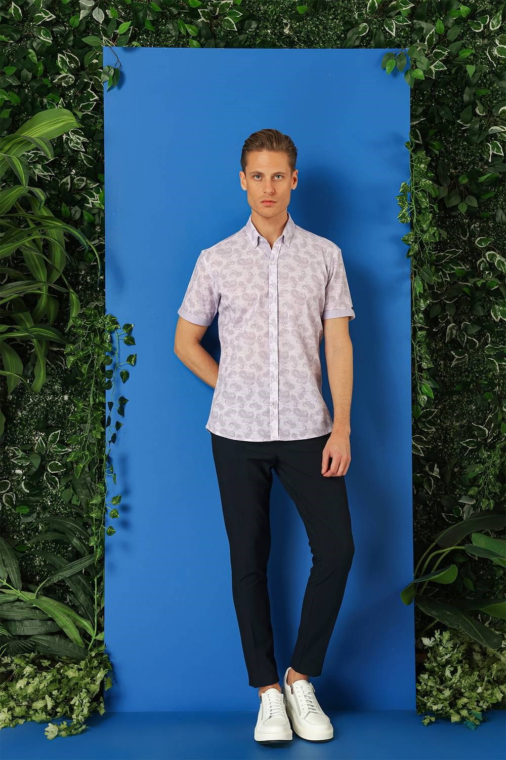 Slim Fit Düğmeli Yaka Şal Desenli Kısa Kollu Pamuk Lila Gömlek G 1501