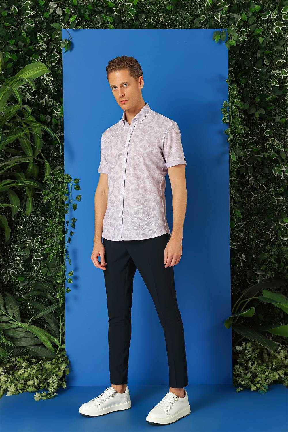 Slim Fit Düğmeli Yaka Şal Desenli Kısa Kollu Pamuk Lila Gömlek G 1501