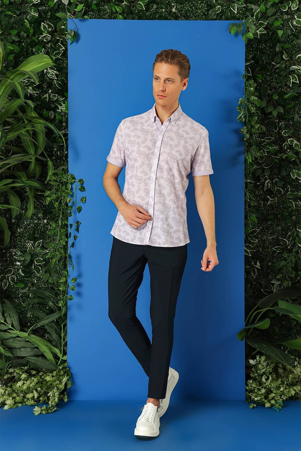 Slim Fit Düğmeli Yaka Şal Desenli Kısa Kollu Pamuk Lila Gömlek G 1501