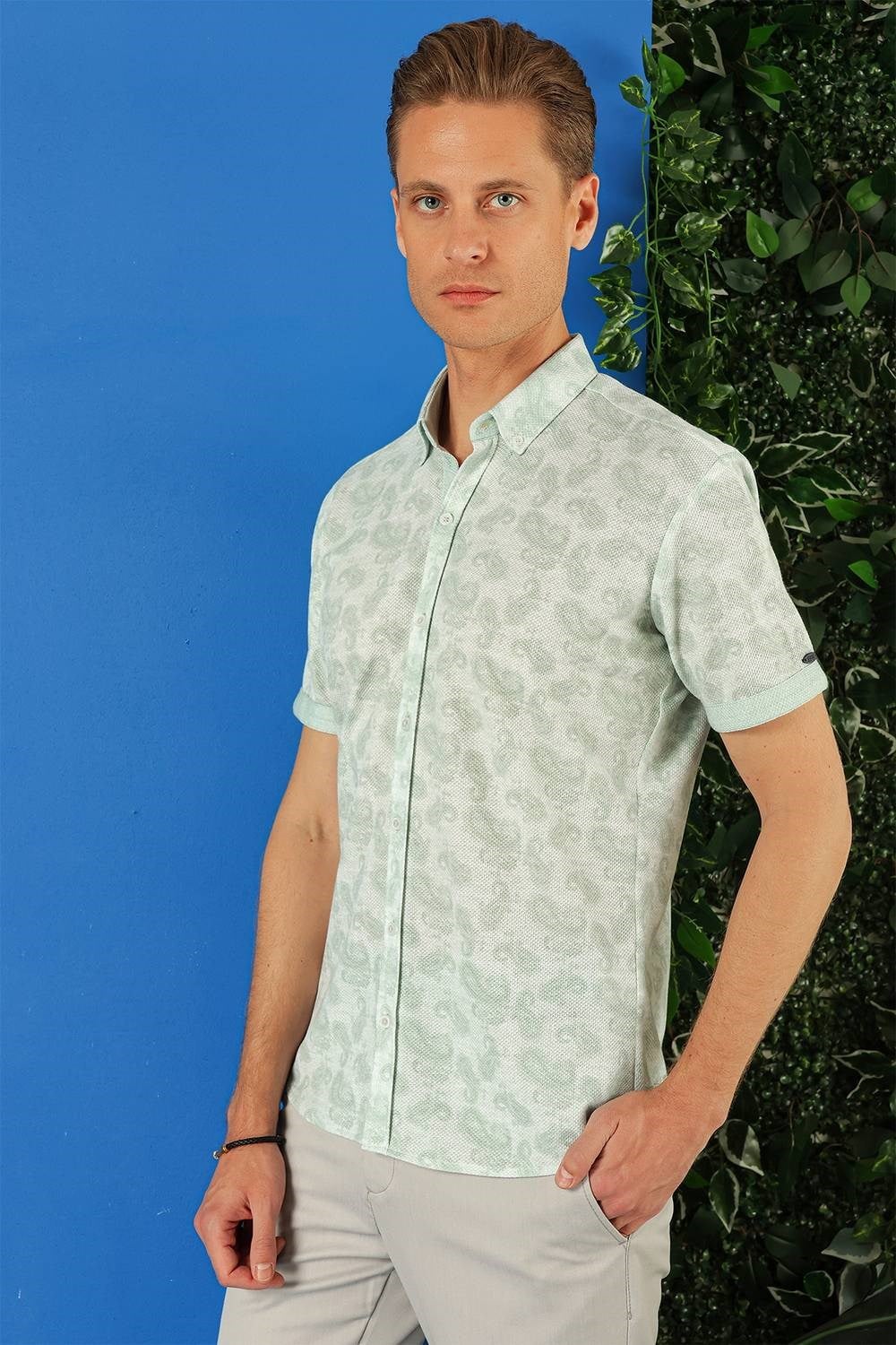 Slim Fit Düğmeli Yaka Şal Desenli Kısa Kollu Pamuk Nil Yeşili Gömlek G 1501