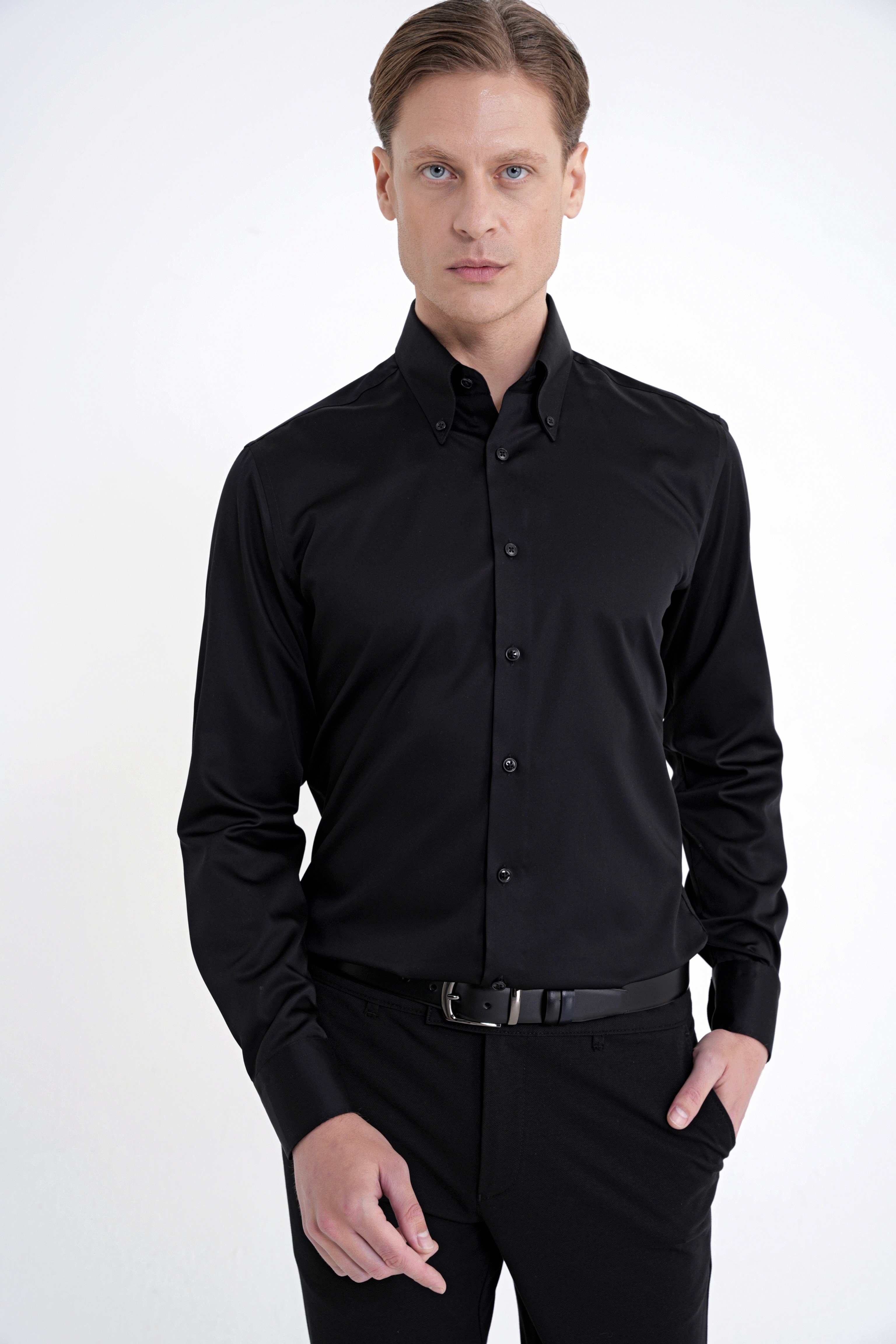 Slim Fit Düğmeli Yüksek Yaka %100 Pamuk Non İron Kumaş Düz Siyah Gömlek GK 760