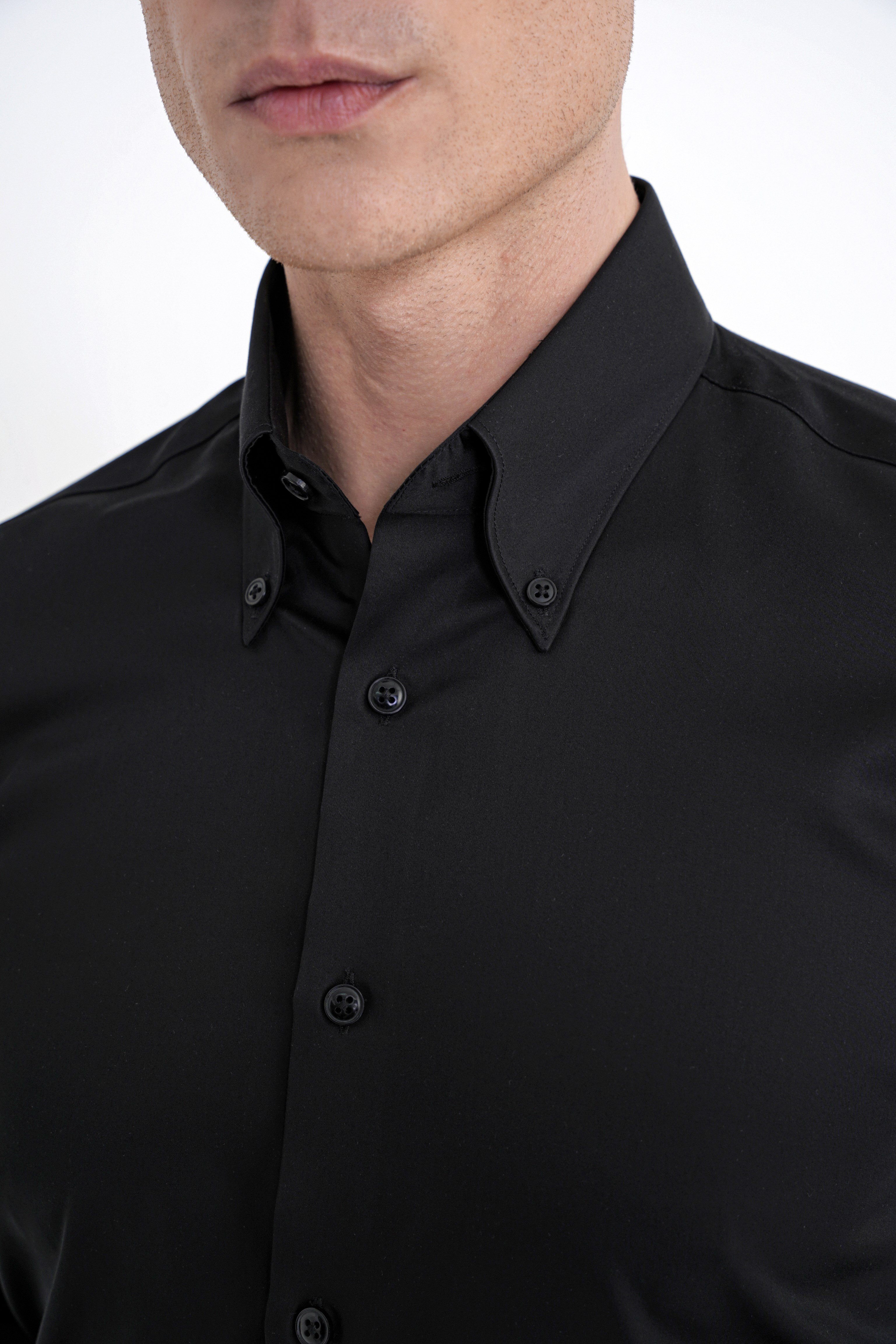 Slim Fit Düğmeli Yüksek Yaka %100 Pamuk Non İron Kumaş Düz Siyah Gömlek GK 760