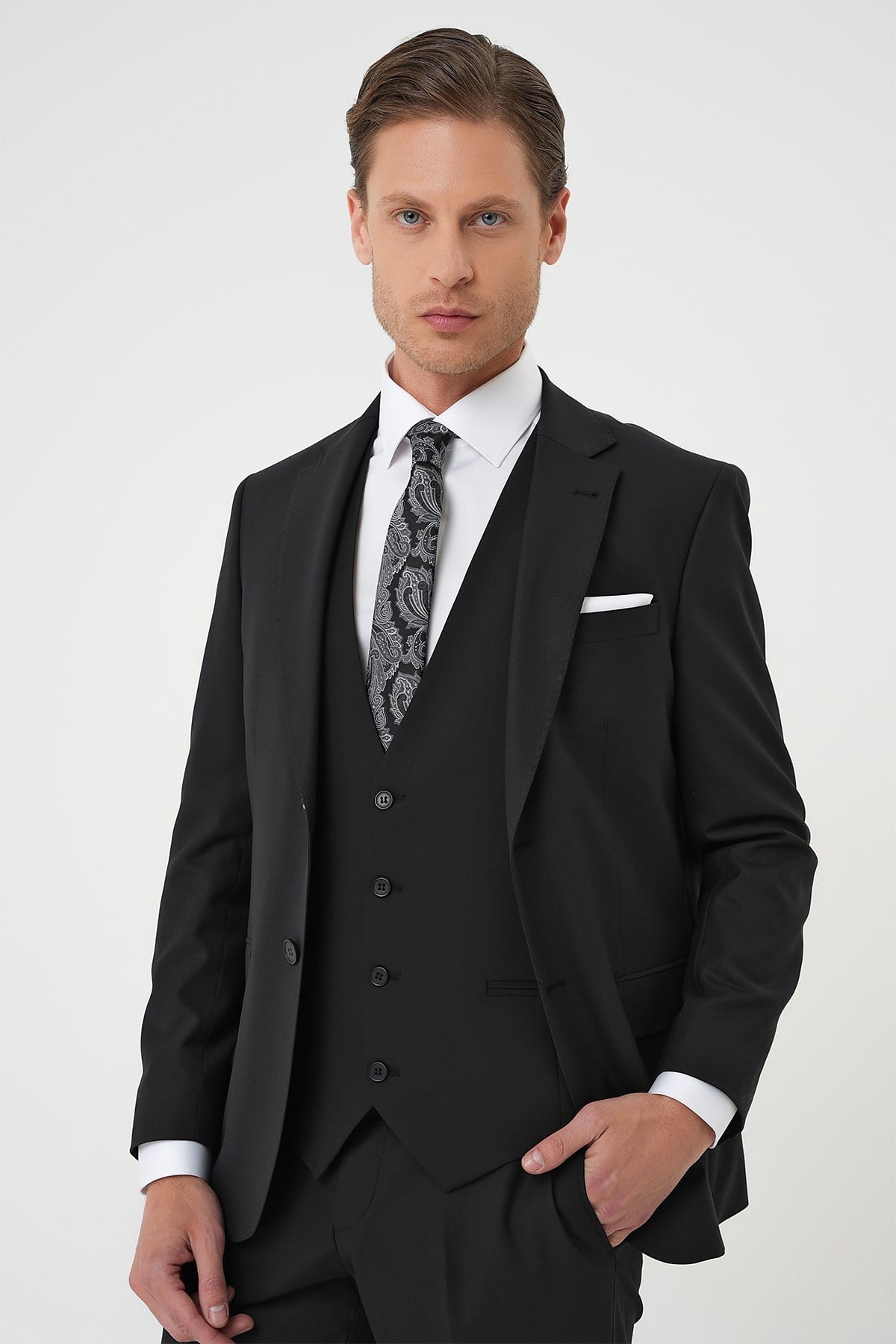 Slim Fit Düz Esnek Yelekli Klasik Siyah Takım Elbise Tk 894