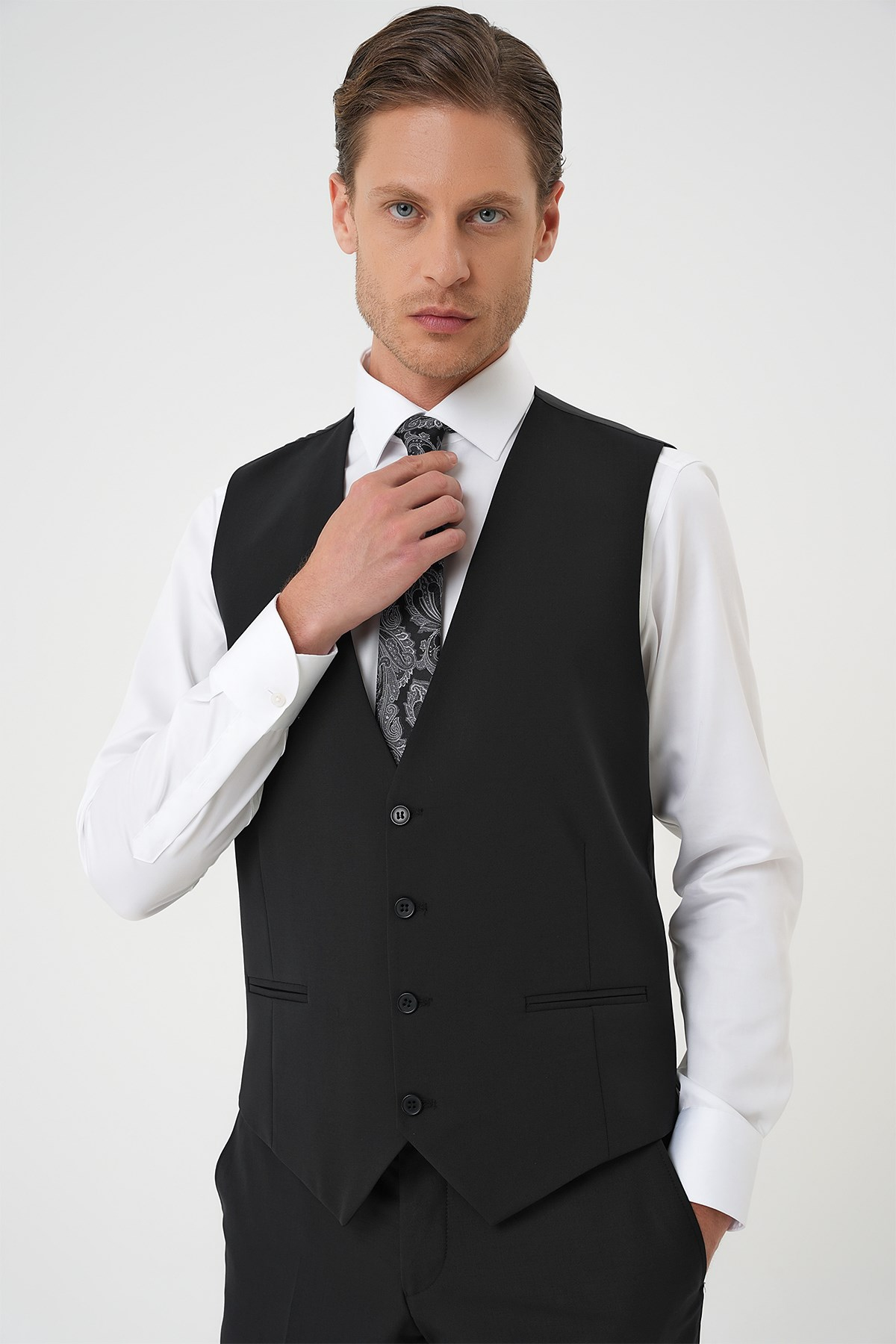 Slim Fit Düz Esnek Yelekli Klasik Siyah Takım Elbise Tk 894