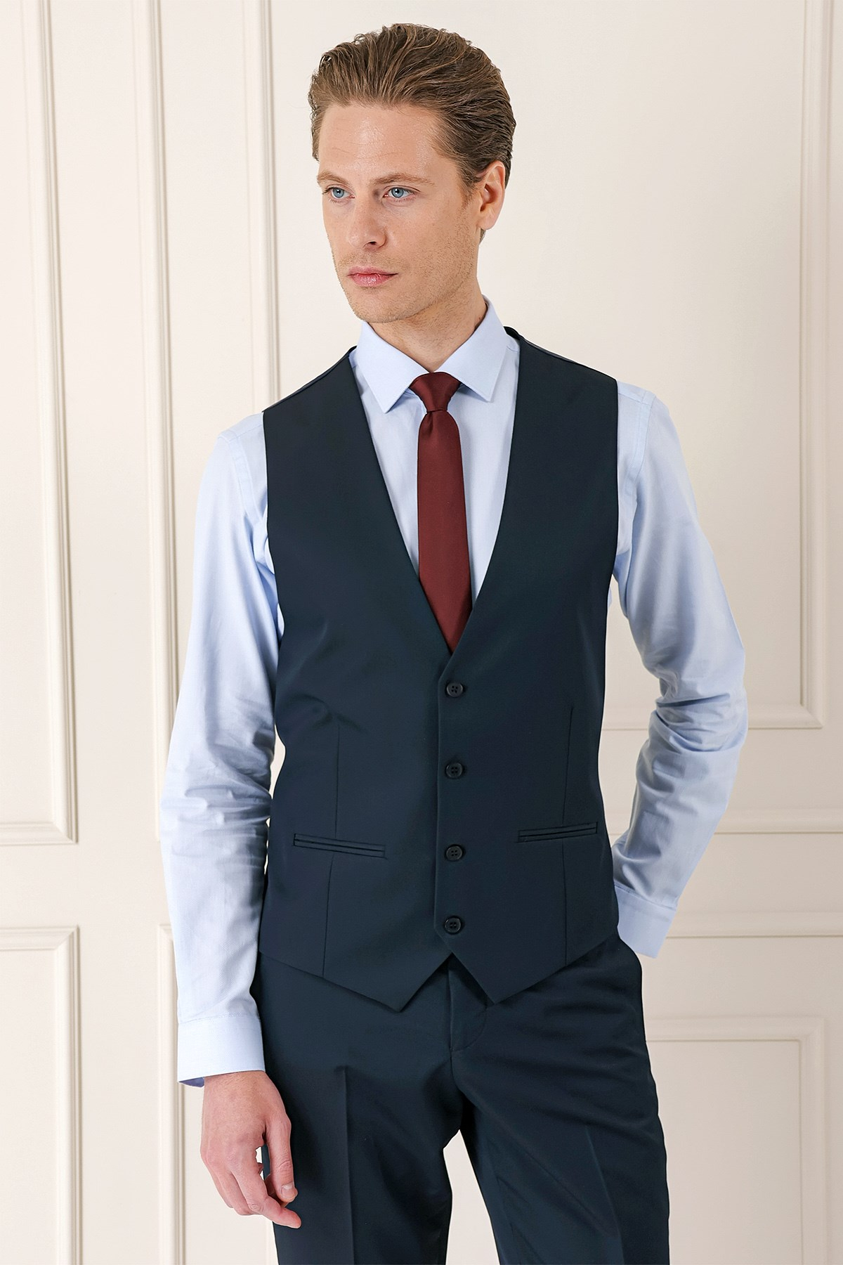 Slim Fit Düz Yelekli Klasik Lacivert Takım Elbise Tk 891