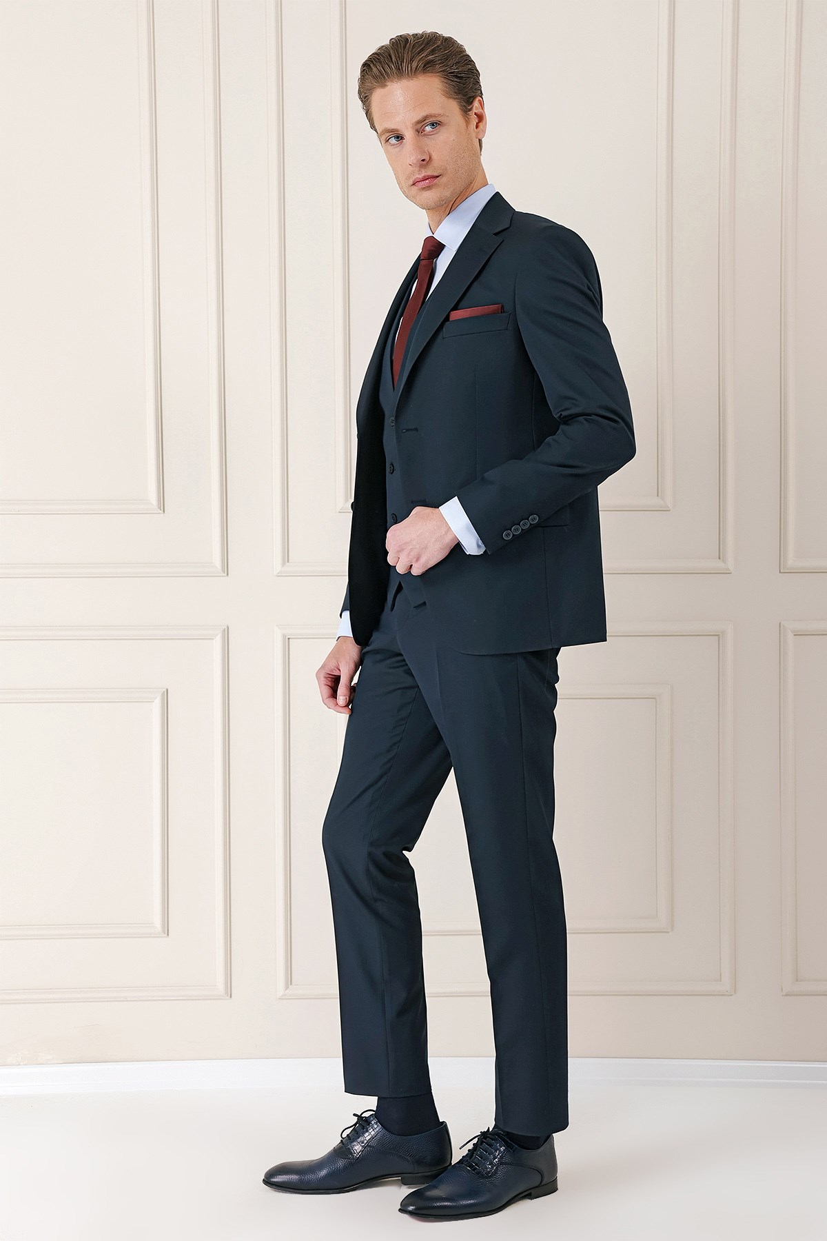 Slim Fit Düz Yelekli Klasik Lacivert Takım Elbise Tk 891