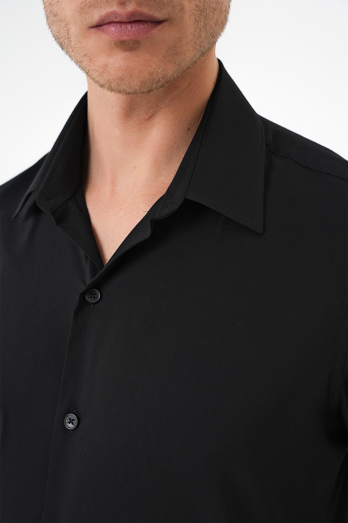 Slim Fit Erkek Yaka Esnek Pamuk Klasik Beyaz Siyah Gömlek Gk 737