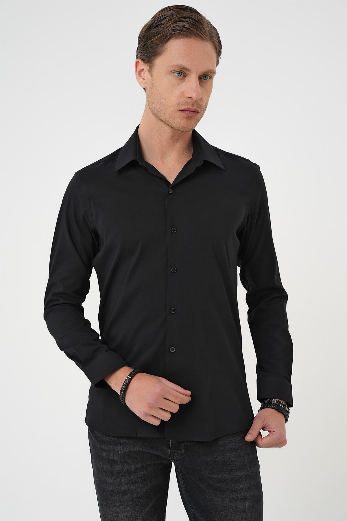 Slim Fit Erkek Yaka Esnek Pamuk Klasik Beyaz Siyah Gömlek Gk 737