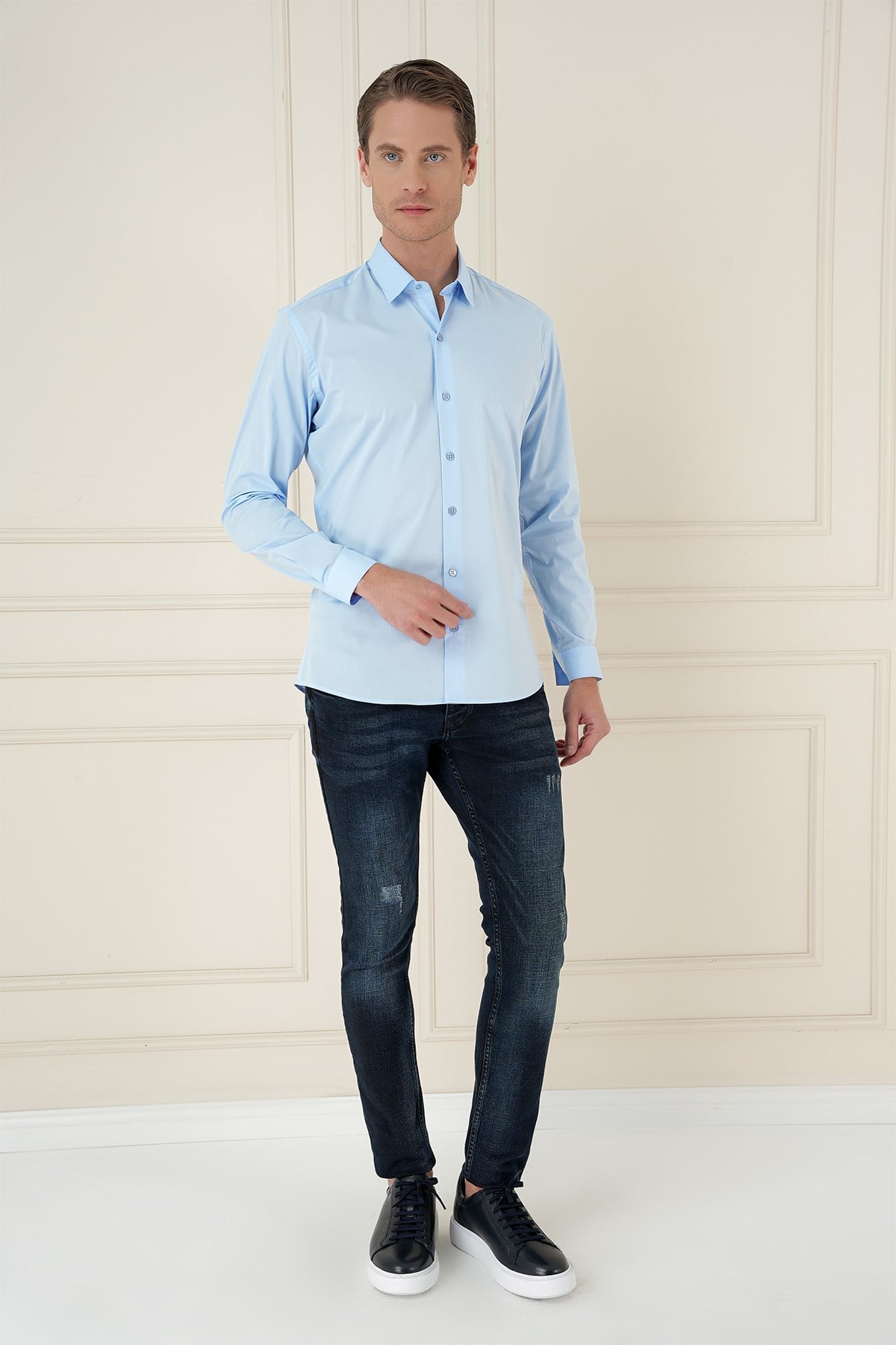 Slim Fit Erkek Yaka Esnek Pamuk Uzun Kol Mavi Gömlek GK 745