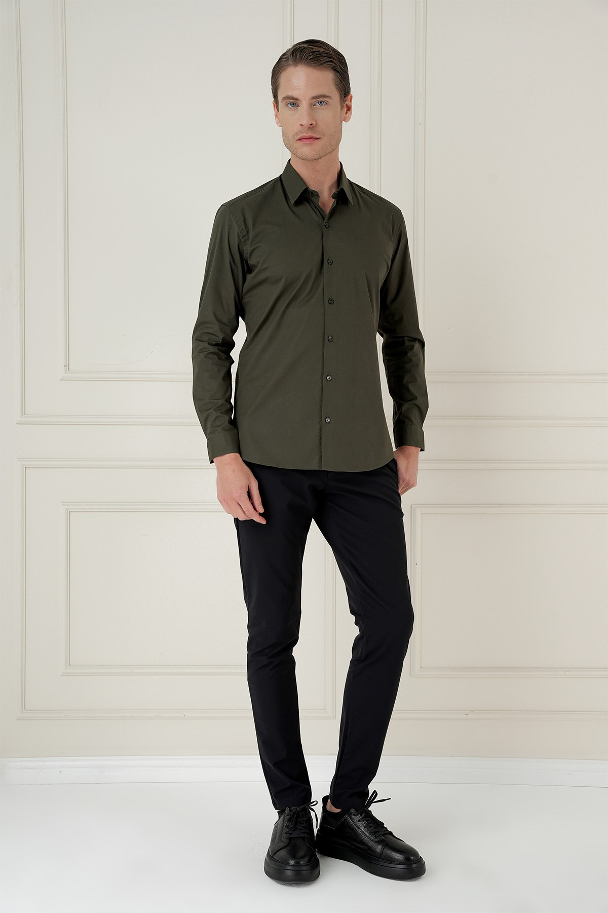 Slim Fit Erkek Yaka Esnek Pamuk Uzun Kol Haki Gömlek GK 745
