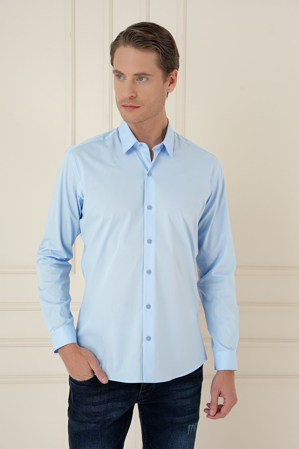 Slim Fit Erkek Yaka Esnek Pamuk Uzun Kol Mavi Gömlek GK 745