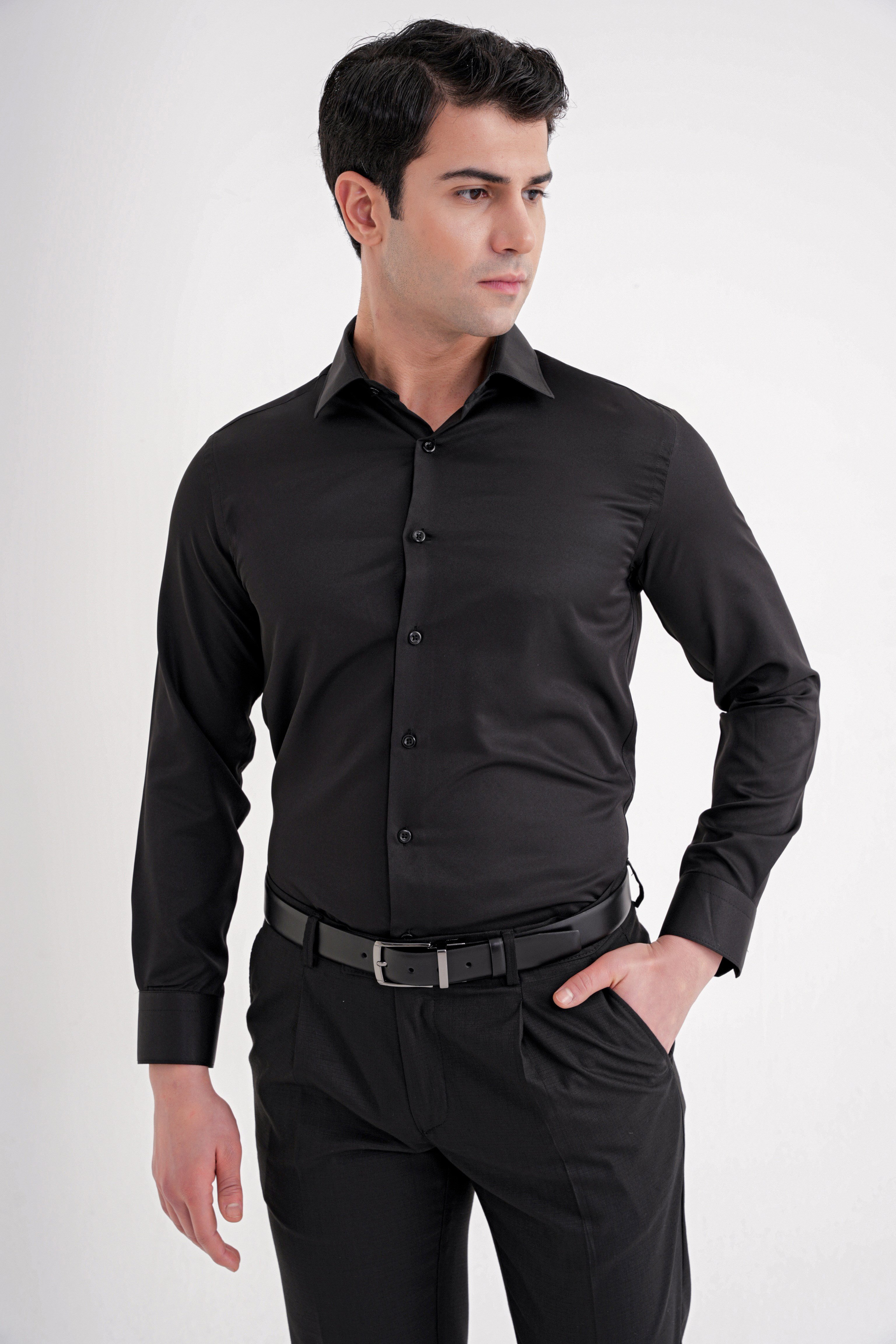 Slim Fit Erkek Yaka Pamuklu Düz Siyah Gömlek GK 756