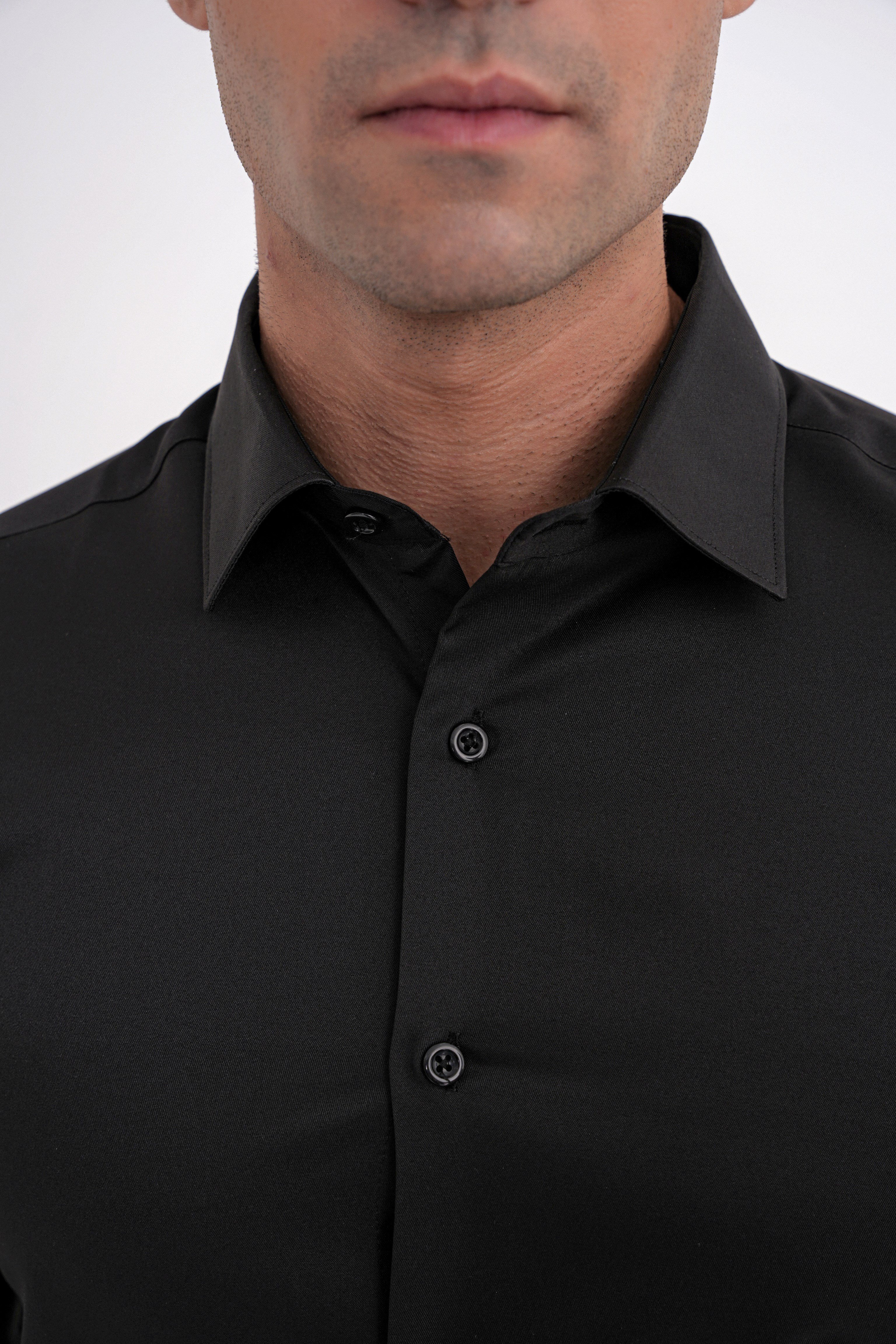 Slim Fit Erkek Yaka Pamuklu Düz Siyah Gömlek GK 756