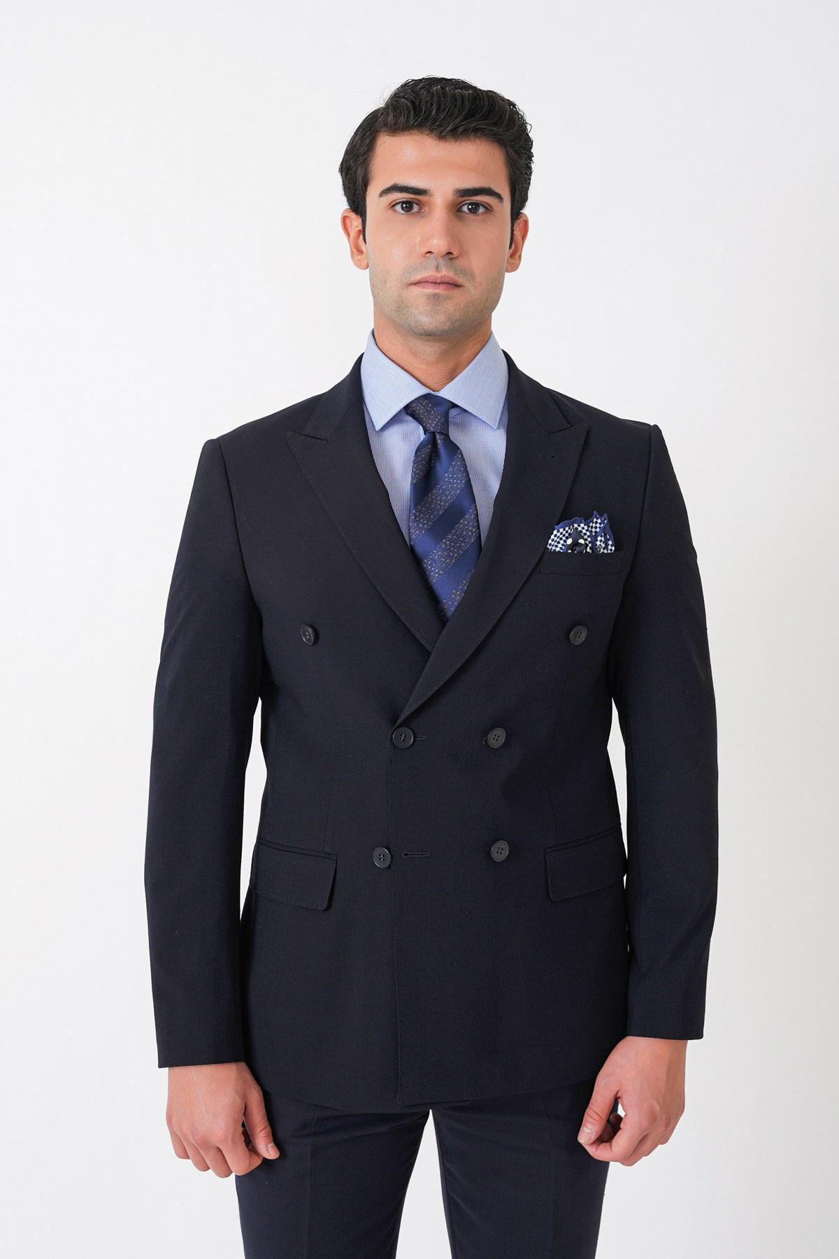 Slim Fit Esnek %97 Yünlü Düz Lacivert Kruvaze Takım Elbise TK 956