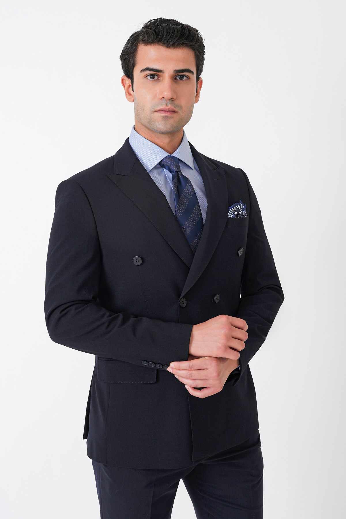 Slim Fit Esnek %97 Yünlü Düz Lacivert Kruvaze Takım Elbise TK 956