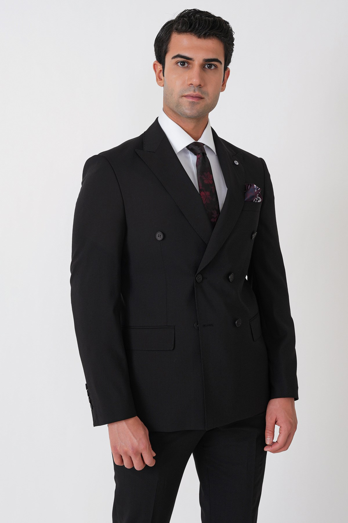 Slim Fit Esnek %97 Yünlü Düz Siyah Kruvaze Takım Elbise TK 956