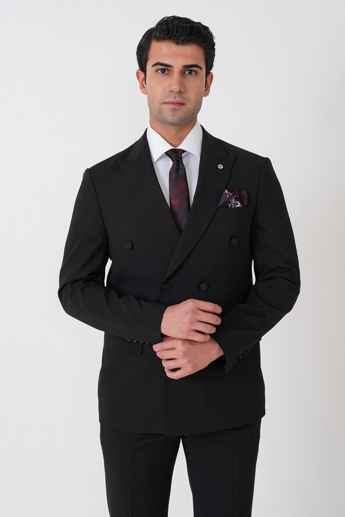 Slim Fit Esnek %97 Yünlü Düz Siyah Kruvaze Takım Elbise TK 956