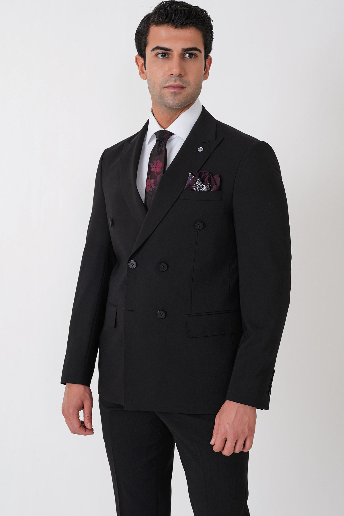 Slim Fit Esnek %97 Yünlü Düz Siyah Kruvaze Takım Elbise TK 956