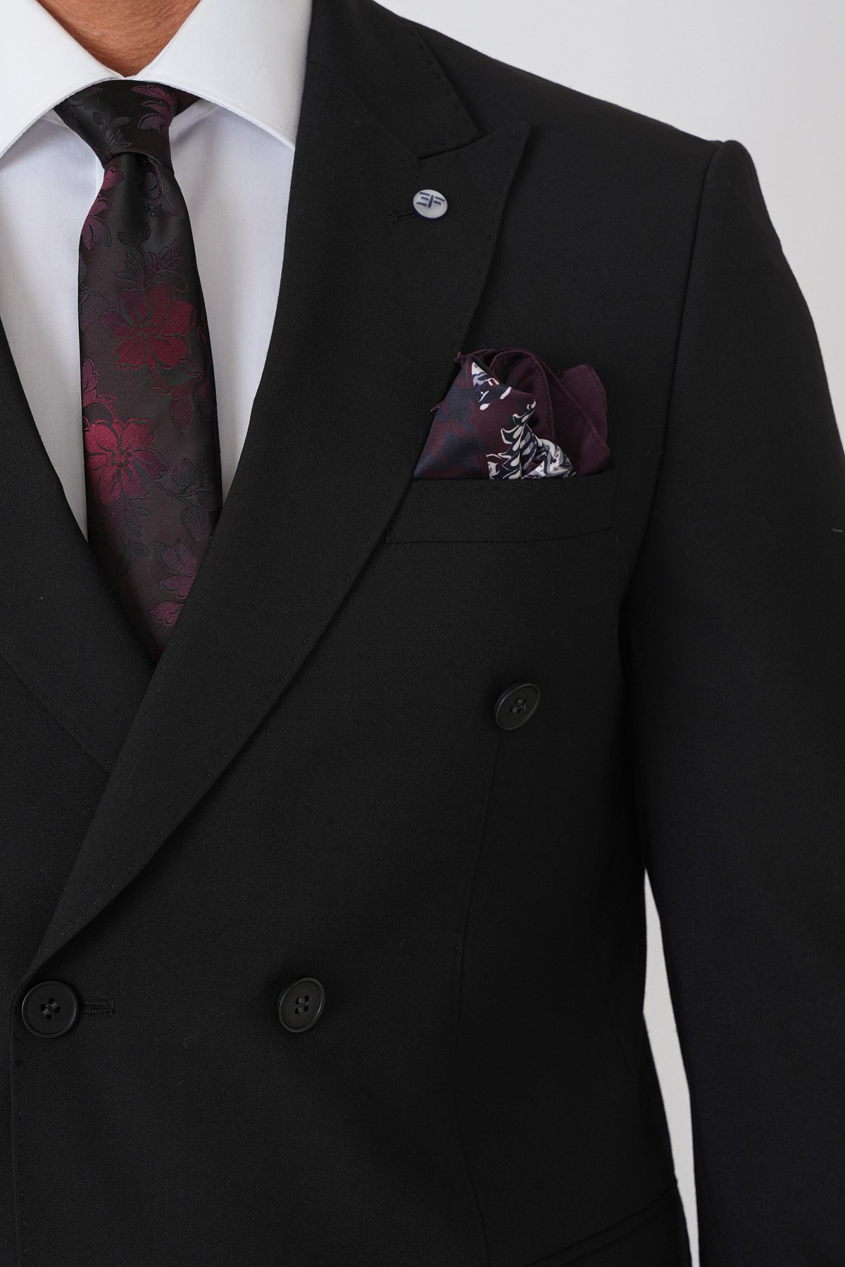 Slim Fit Esnek %97 Yünlü Düz Siyah Kruvaze Takım Elbise TK 956