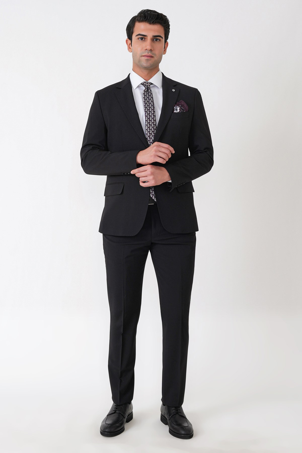Slim Fit Esnek %97 Yünlü Düz Siyah Takım Elbise TK 957