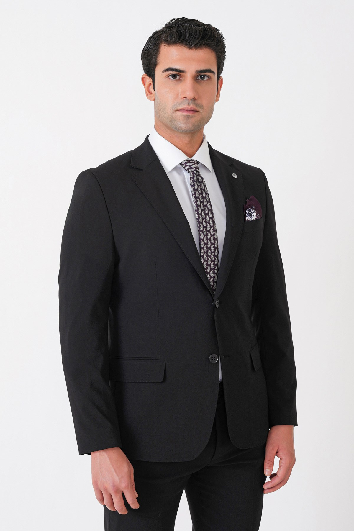 Slim Fit Esnek %97 Yünlü Düz Siyah Takım Elbise TK 957