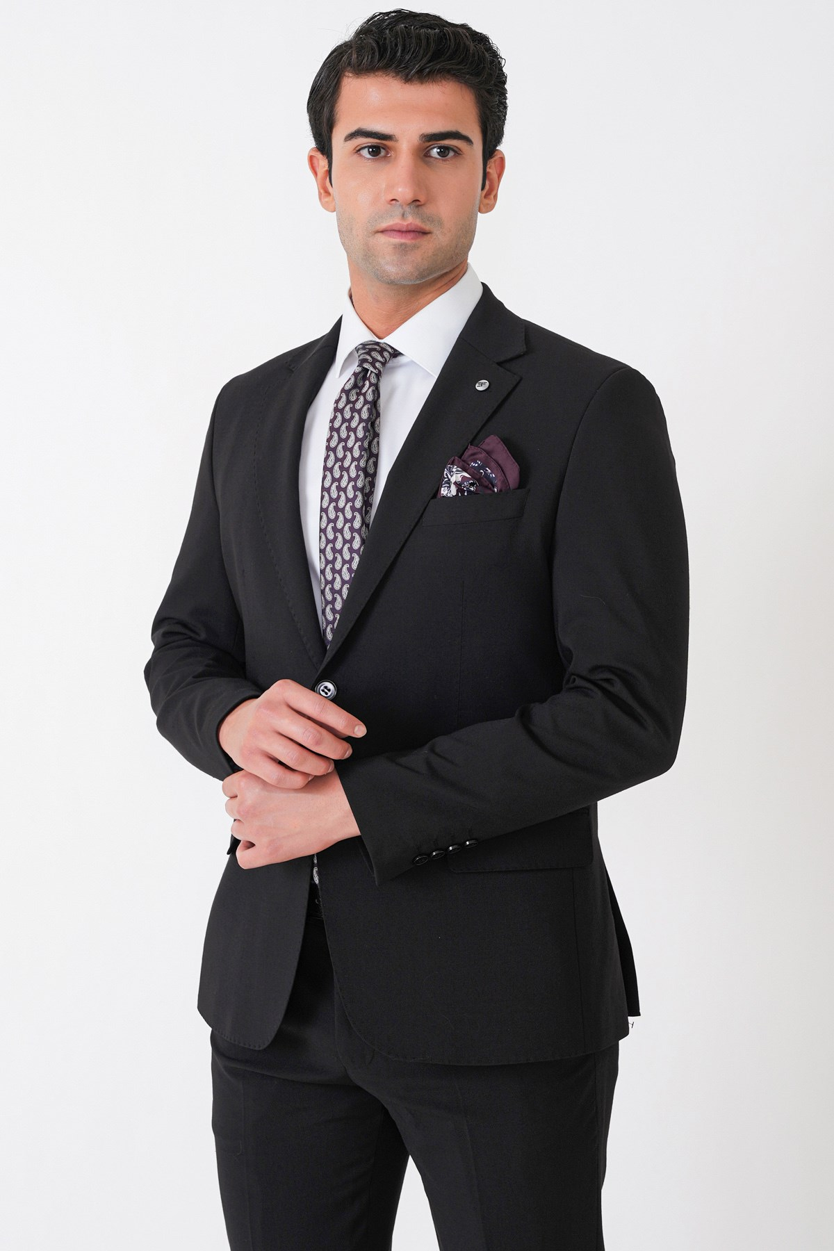 Slim Fit Esnek %97 Yünlü Düz Siyah Takım Elbise TK 957