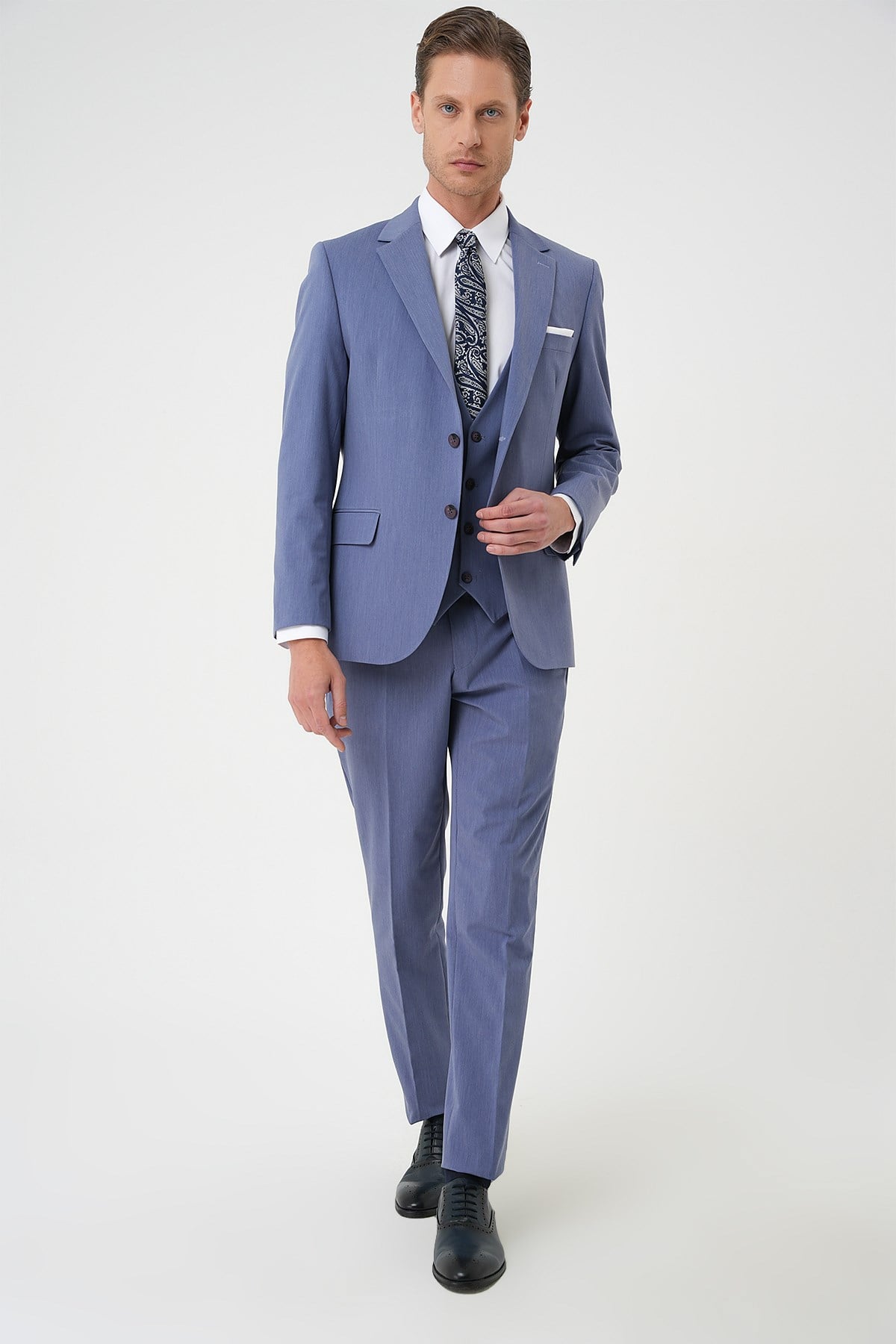 Slim Fit Esnek Çift Yırtmaç Yelekli Düz Klasik Havacı Mavi Takım Elbise  Tk 901