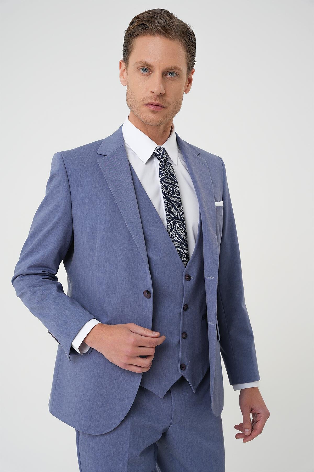 Slim Fit Esnek Çift Yırtmaç Yelekli Düz Klasik Havacı Mavi Takım Elbise  Tk 901