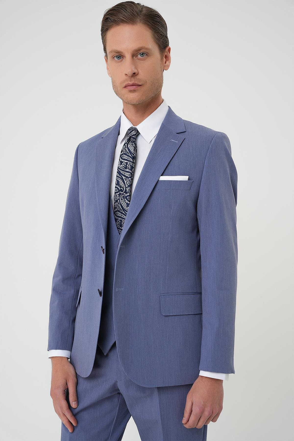 Slim Fit Esnek Çift Yırtmaç Yelekli Düz Klasik Havacı Mavi Takım Elbise  Tk 901