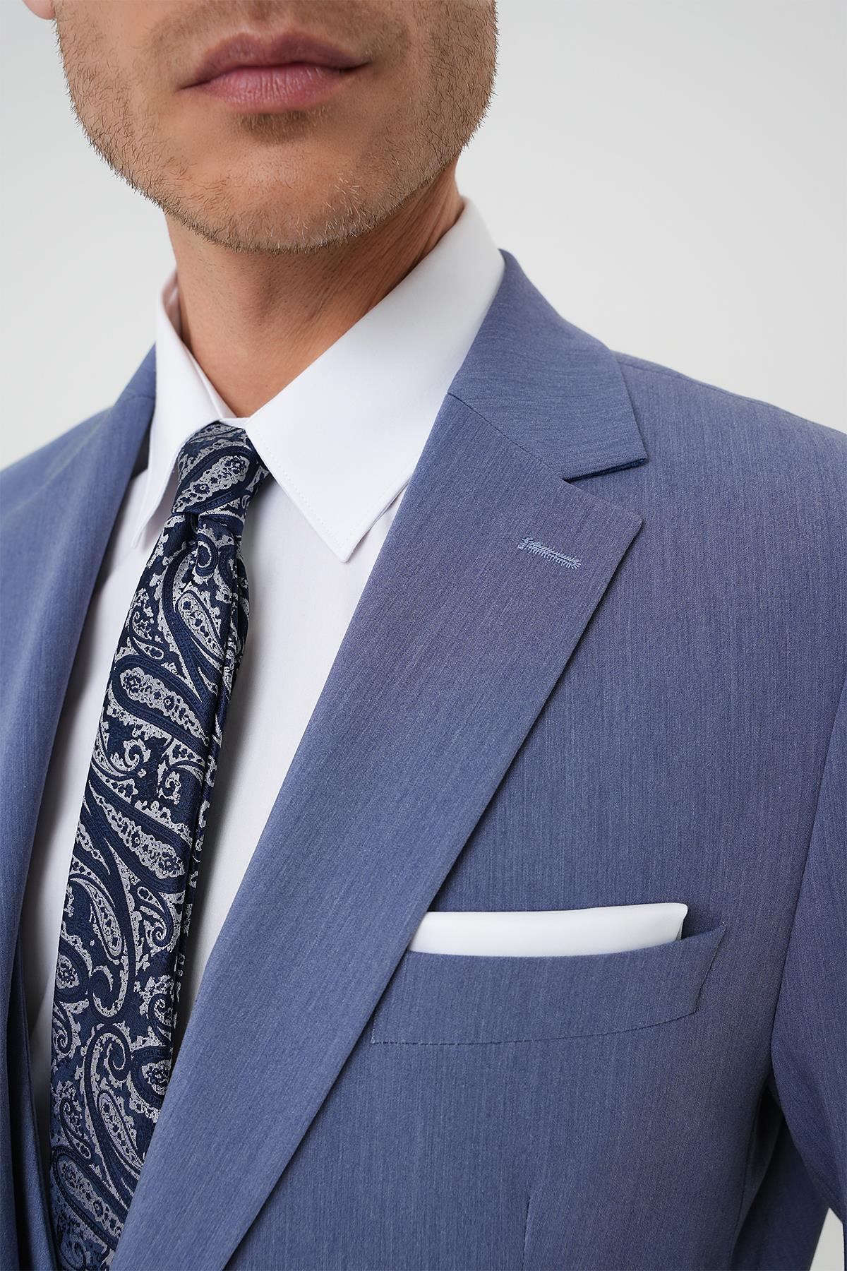 Slim Fit Esnek Çift Yırtmaç Yelekli Düz Klasik Havacı Mavi Takım Elbise  Tk 901