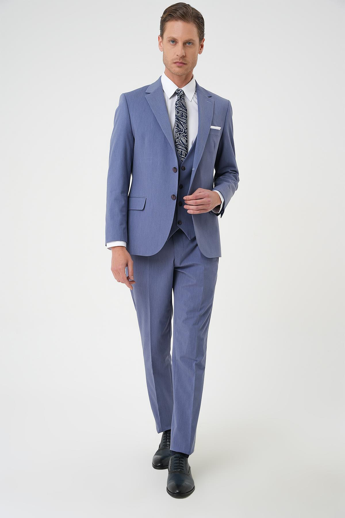 Slim Fit Esnek Çift Yırtmaç Yelekli Düz Klasik Havacı Mavi Takım Elbise  Tk 901